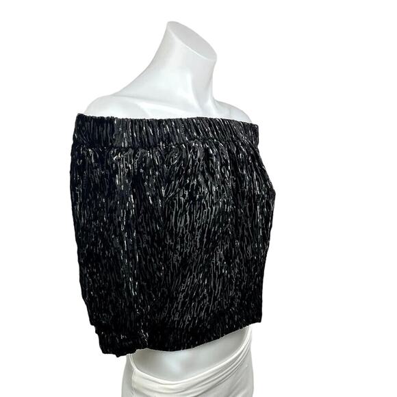H&M Black Velvet Striped Pattern Off Shoulder 3/4 Sleeve Cropped Blouse Top Sz 6 - Picture 2 of 7